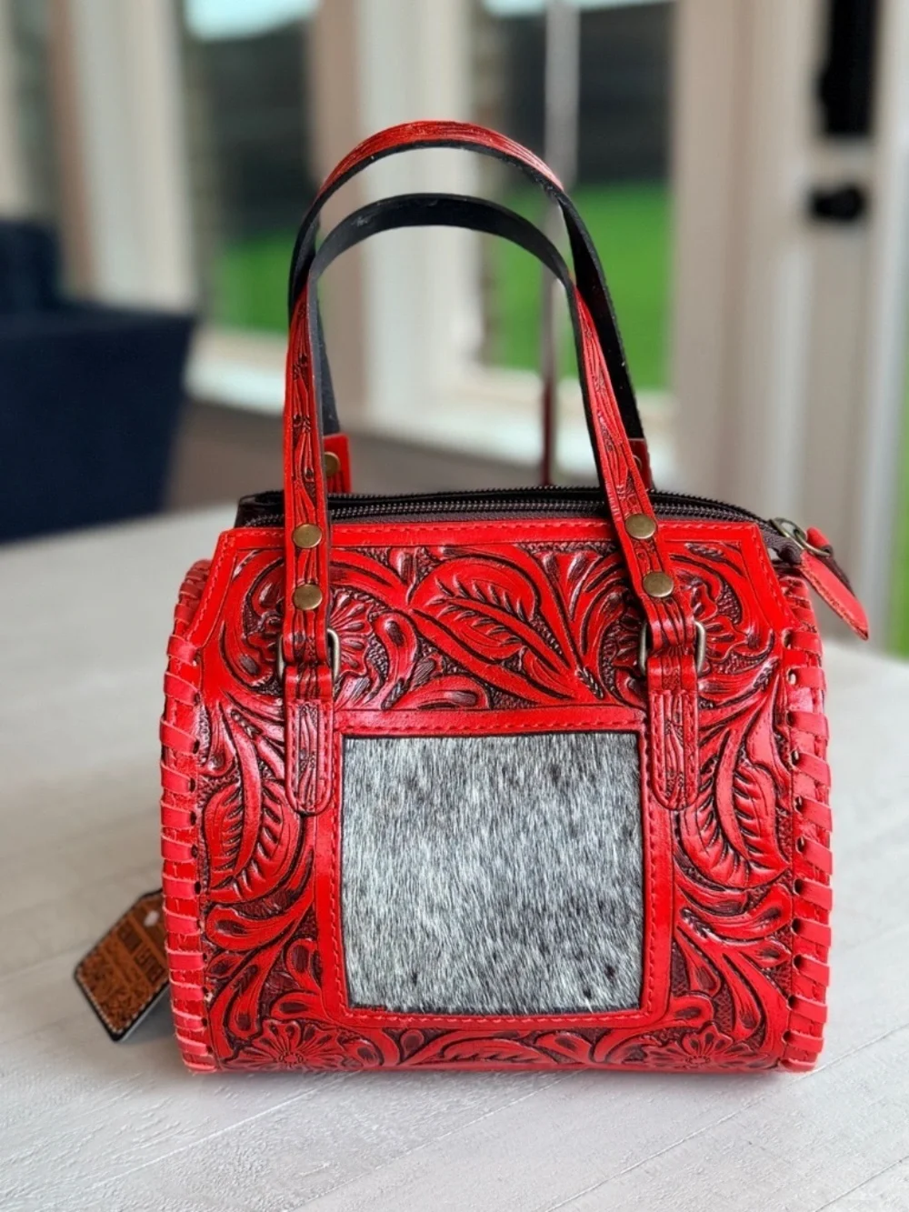 Genuine Leather Cowhide Western Speedy Purse Tooled Floral Red Satchel Bag MINI